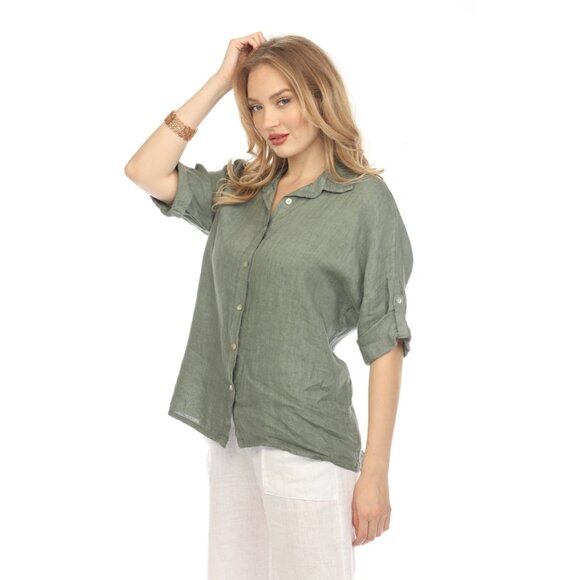 Olive Button Up Collared Shirt - Picture 2 of 9